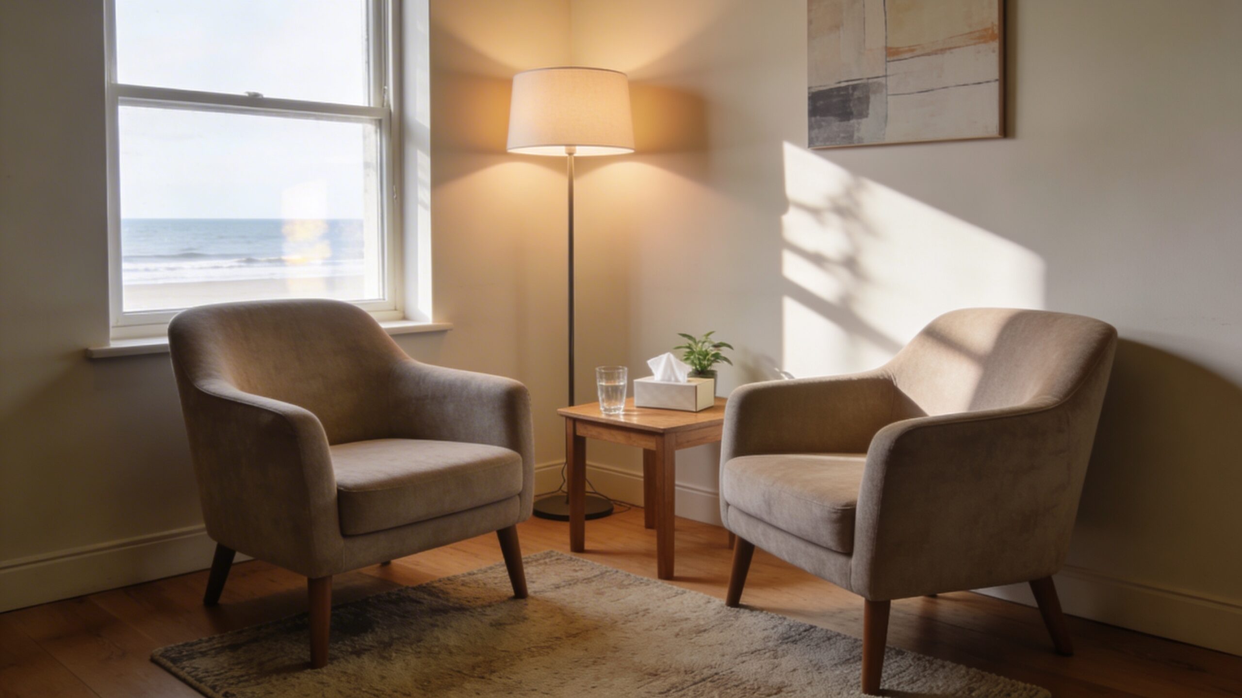 Calm hypnotherapy room in Blackpool prepared for a first anxiety session.